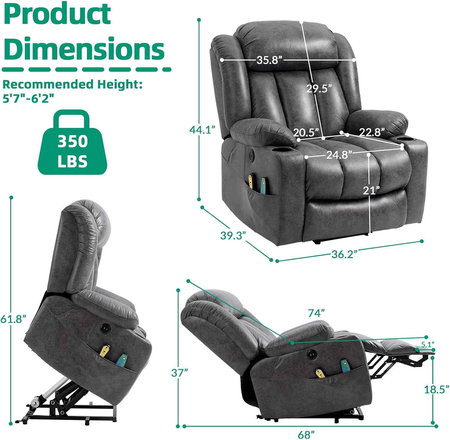 VIVIJASON Tall Man Large Power Lift Recliner Chair with Heat and Massage for Elderly, Overstuffed Wide Electric Lift Recliner with 2 Cup Holder, Extended Footrest, Side Pockets & USB Ports (Grey)