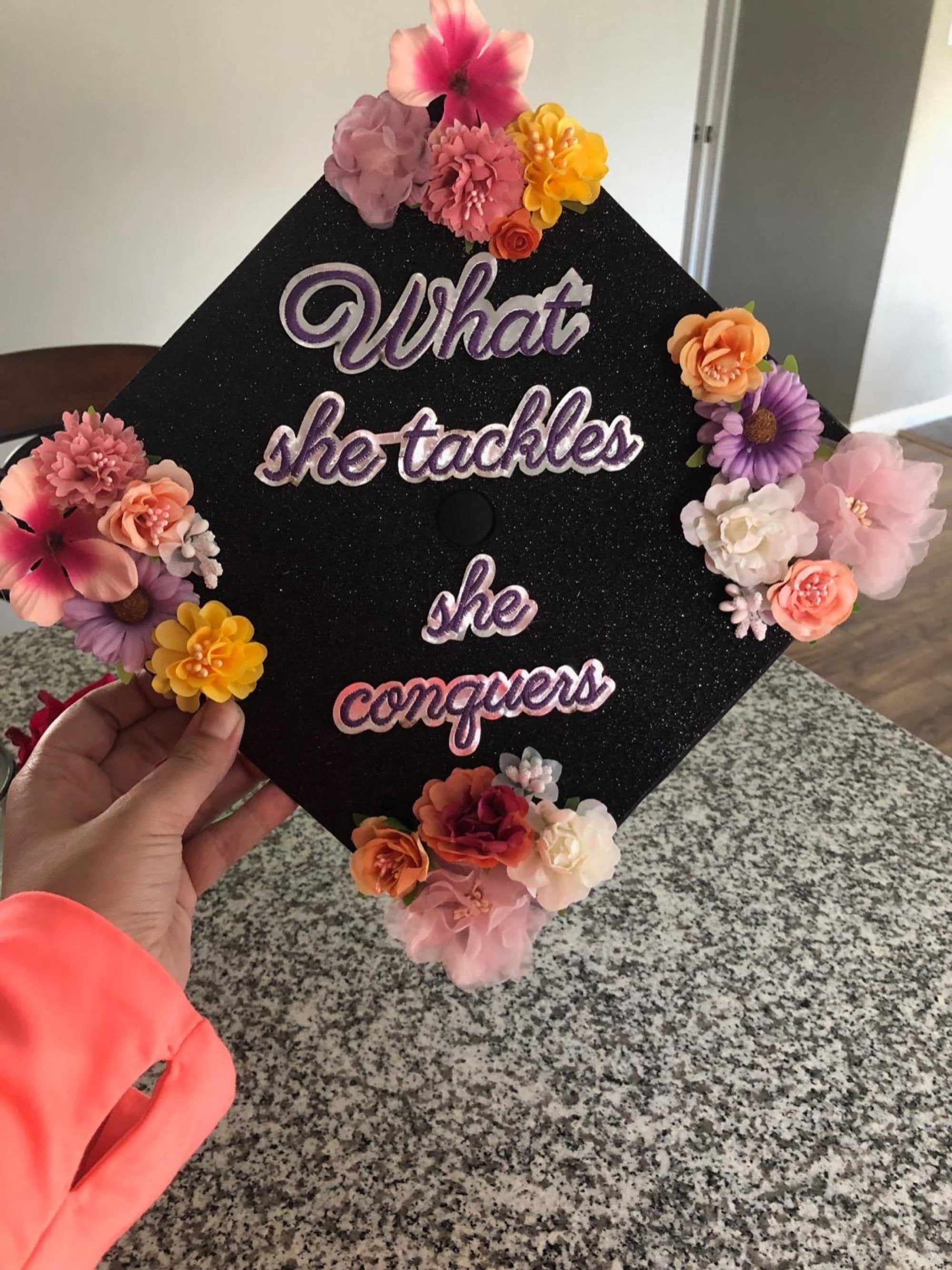 Handmade Graduation Cap Topper, Graduation Cap Decorations, What She Tackles She Conquers