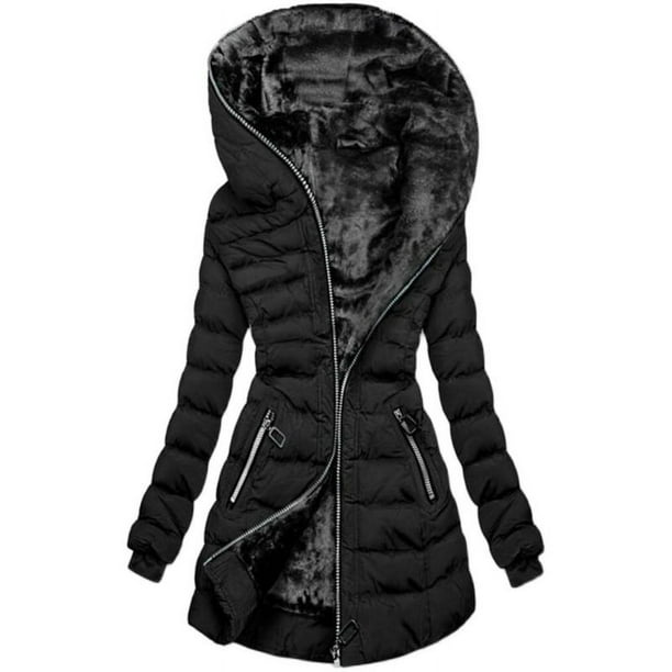 Abrigo de algodón de invierno para mujer, cálido con capucha y terciopelo, abrigo de algodón, abrigo largo, abrigo de algodón negro
