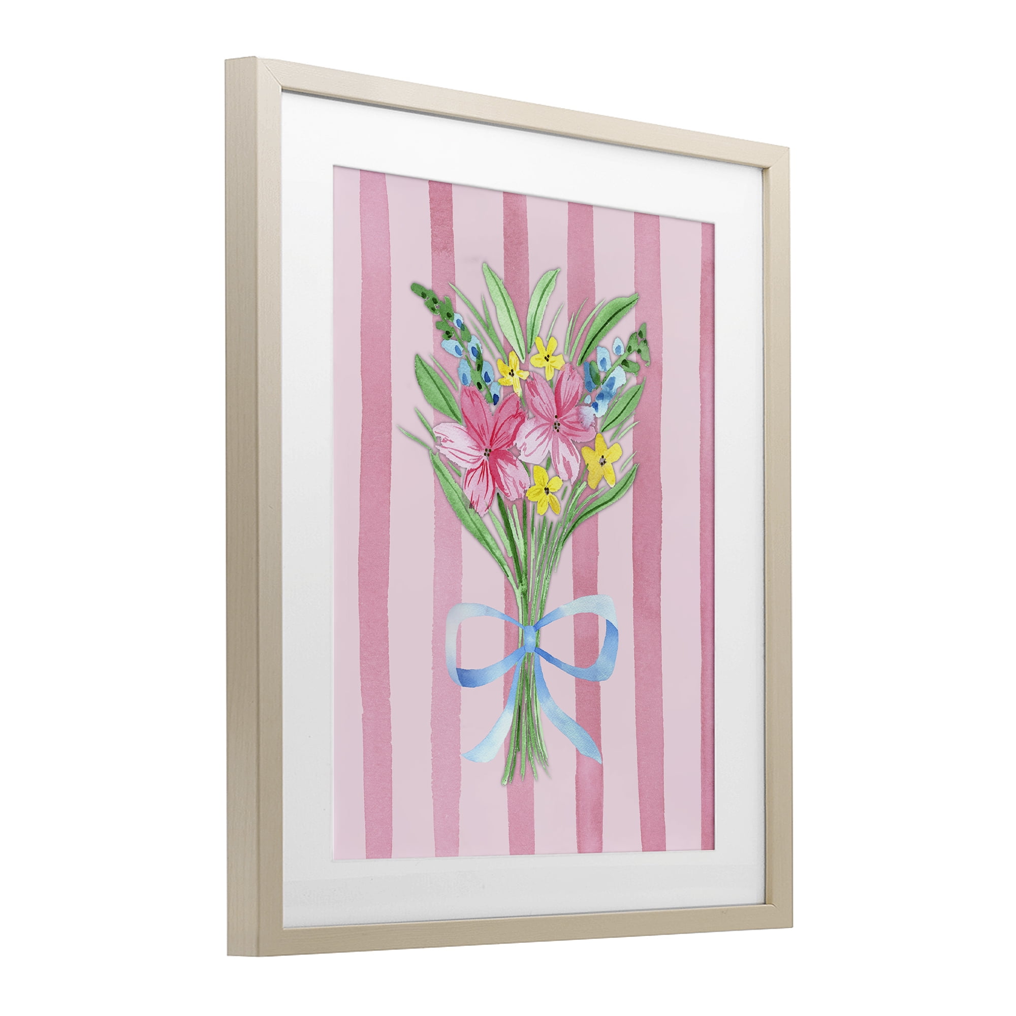 Spring Bouquet & Bow Stripes Birch Framed Print Under Glass, design by Nina Jacobs