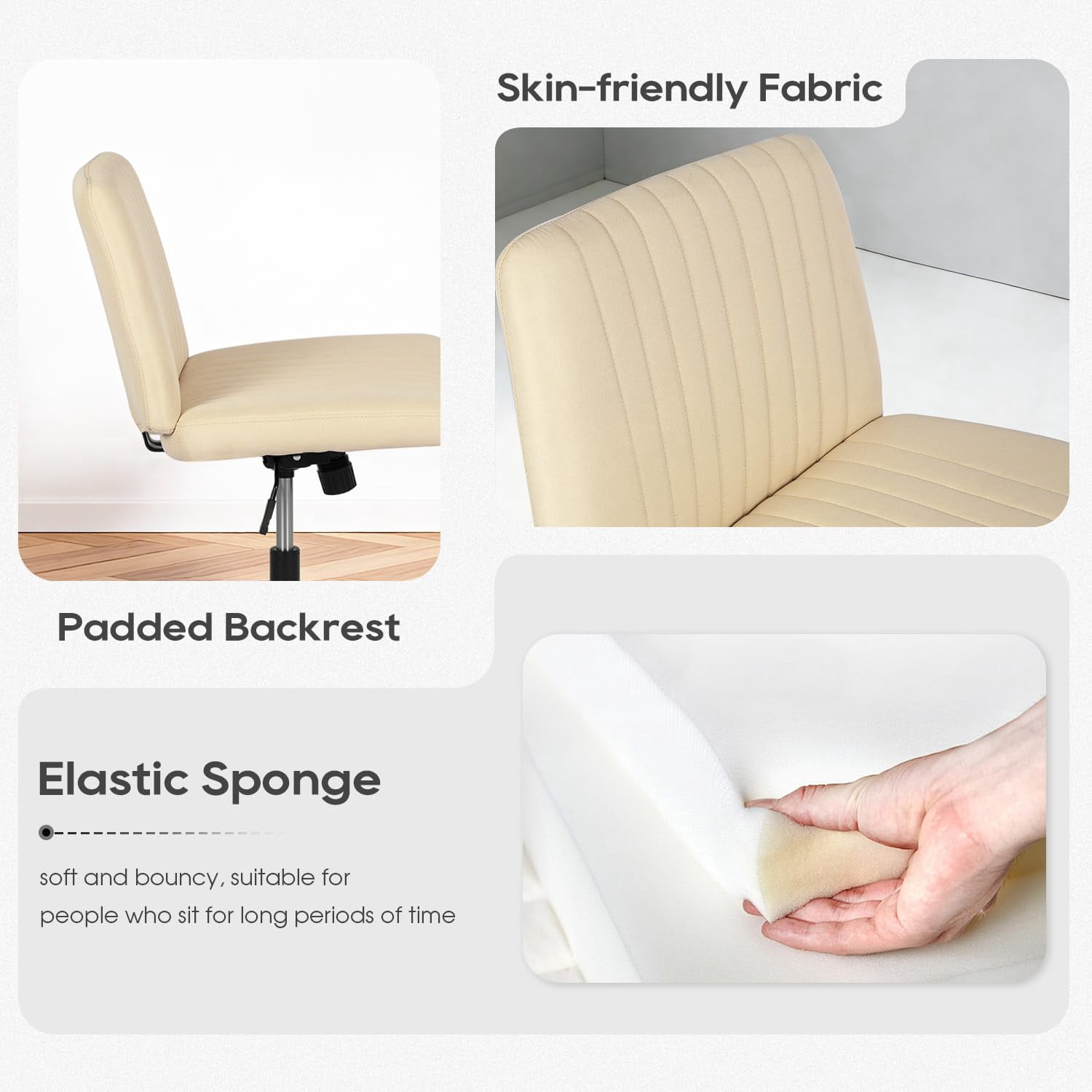 NiamVelo Vanity Chair with Wheels Criss Cross Chair Wide Desk Chair Armless Office Chair Adjustable Swivel Chair for Home Office, 250LBS Weight （Beige）
