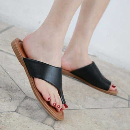 

YanHoo PU Leather Flat Sandals for Womens Comfy Orthopedic Bunion Corrector Sandal Casual Soft Ring Toe Retro Bohemian Thong Beach Shoes