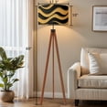 thumbnail image 2 of Wood Tripod Floor Lamp, Mid Century Wood Standing Lamp with 3 Color Temperature Dimmable Standing for Living Room, Bedroom, Office Modern Abstract Curve 3D Striped Black Flaxen Lamp Shade, 2 of 5