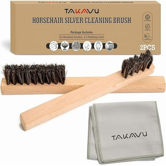 Takavu 2-Piece Horsehair Detail Brush Set with Polish Cloth, Silver Cleaning Brushes for Jewelry, Silverware & Plateware Care