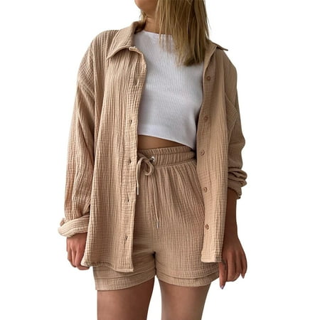 Women s Solid Spring Collar Long Sleeve Shirt High Waist Drawstring Shorts Large Fashion Casual Set Bikini Suits Women Swimwear for Women with Shorts plus Size Cover up A Shore Fit Swimwear