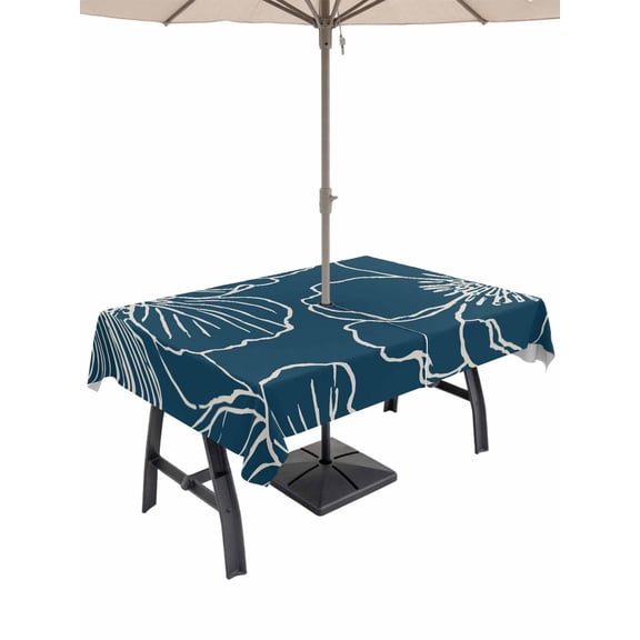 Outdoor Tablecloth with Umbrella Hole for Patio/Picnic/Party/Camping, Teal Flowers Waterproof Table Cloth Rectangle Table Cover Washable, Spring Floral Botanical Modern Art (60"x 84")