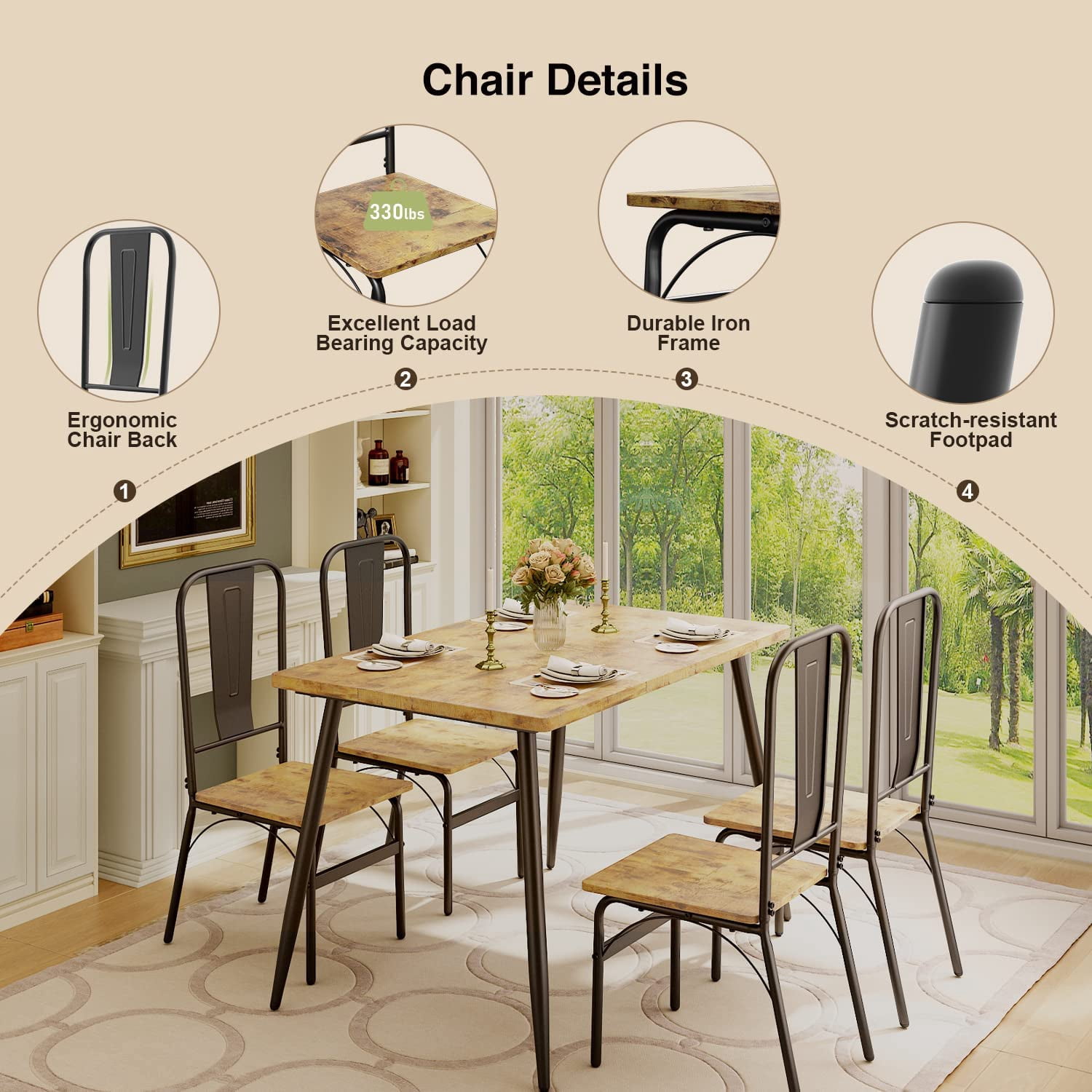Lofka Dining Table Set for 4, 5 Piece Kitchen Table and Chairs Set for Small Spaces,Soft Seat,Modern Dining Furniture Set,Retro Brown