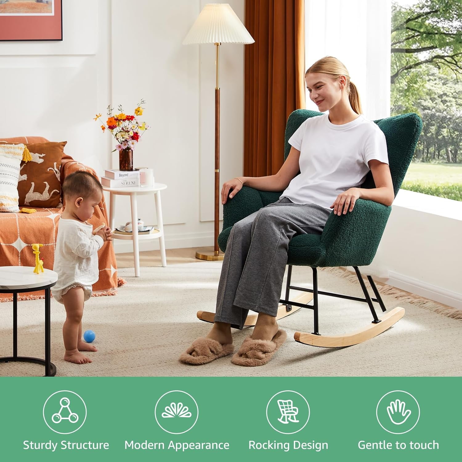 QUIOCOZY Nursery Rocking Chairs, Teddy Upholstered Glider Recliner Rocking Chair with High Backrest Armchair, Comfy Reading Chair Fluffy Accent Side Chair for Nursing, Living Room, Bedroom