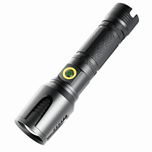 High-power tactical flashlight with zoom, USB-C rechargeable.