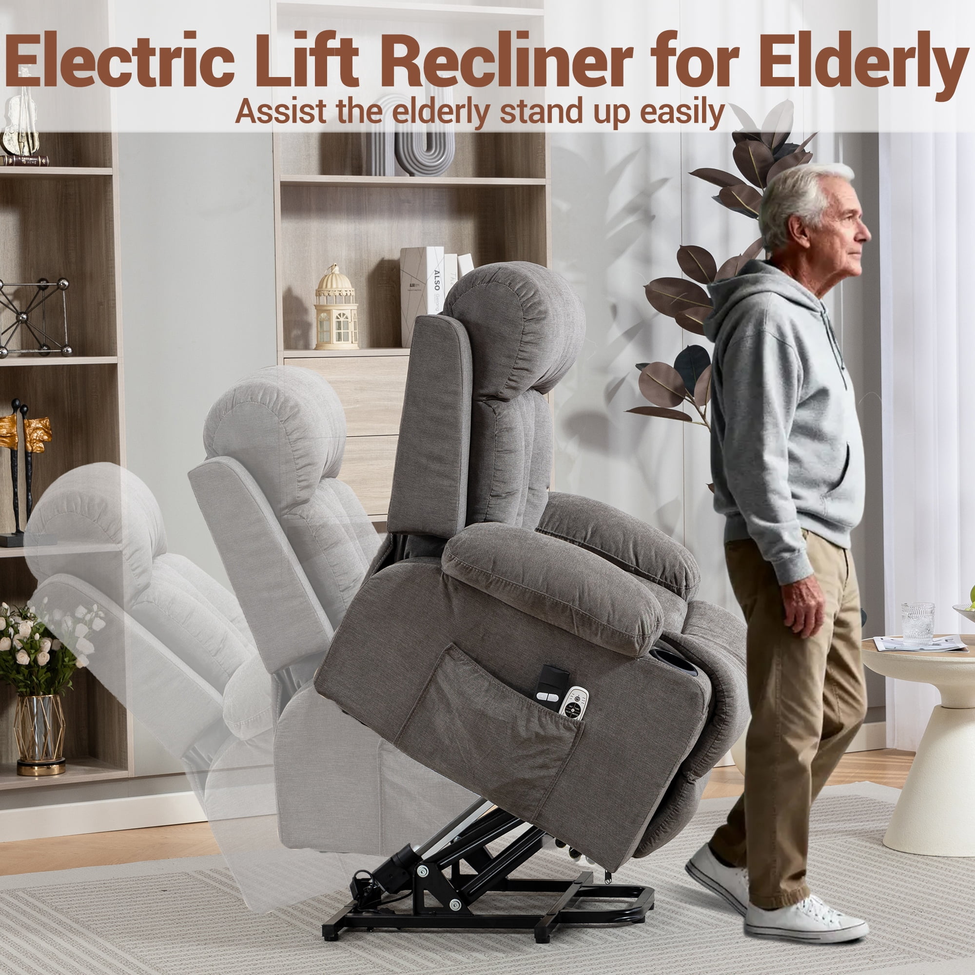 DELMANGO Power Lift Recliner Chair for Elderly, Electric Oversized Reclining Sofa with Vibration Massage & Heat, Cup Holder and USB Charging Port for Living Room, Grey