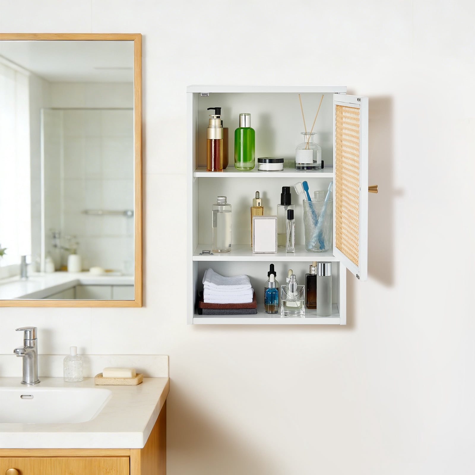 Garvee Bathroom Wall Cabinet, Bamboo Over-The-Toilet Storage Organizer with Rattan Doors and Adjustable Shelf, Space Saver Medicine Cabinet for Laundry, Kitchen, Living Room and Home Office White