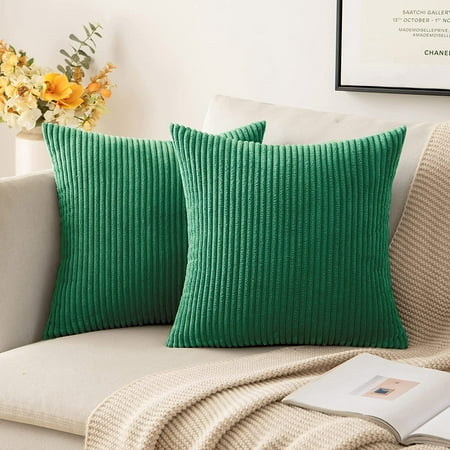 Pack of 2 Corduroy Soft Soild Decorative Square Throw Pillow Covers Set Cushion  Cases Pillowcases for Sofa Bedroom Couch 18 x 18 Inch Dark Green
