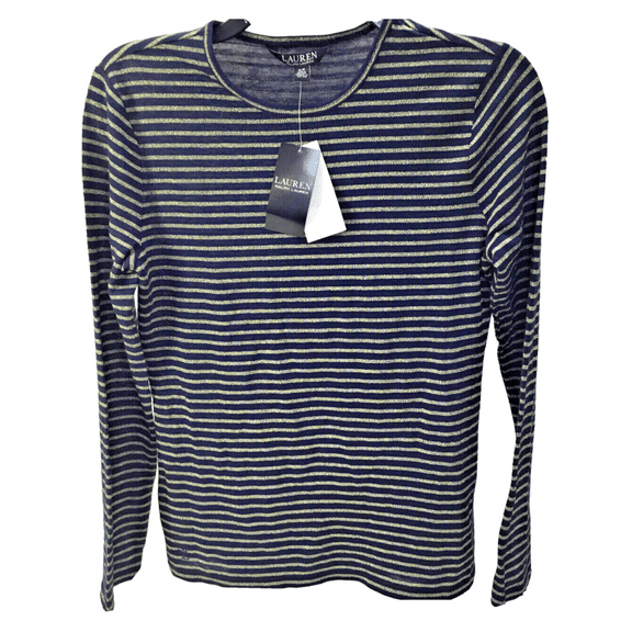 $49.50 Lauren Ralph Lauren Women's Long Sleeves Striped T-Shirt, Black/Gold, S