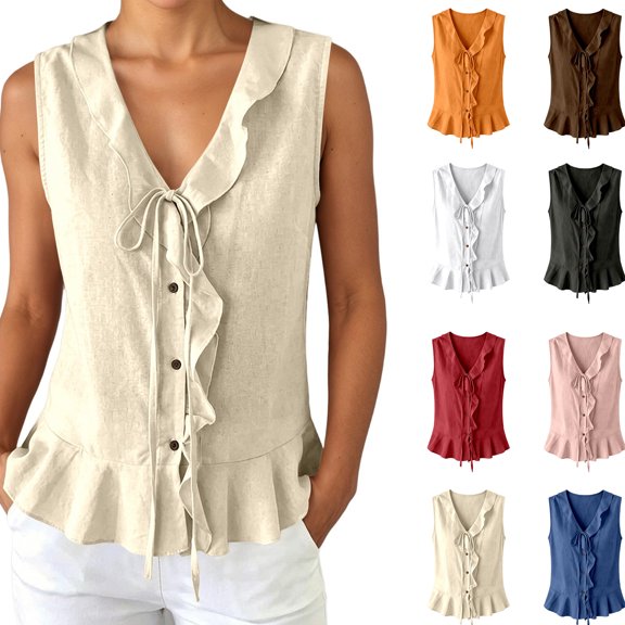 XINXIAOO Women Casual Tank Top Elegant Sleeveless Blouse with Ruffled for Casual Top Summer Daily Wear, Size XL