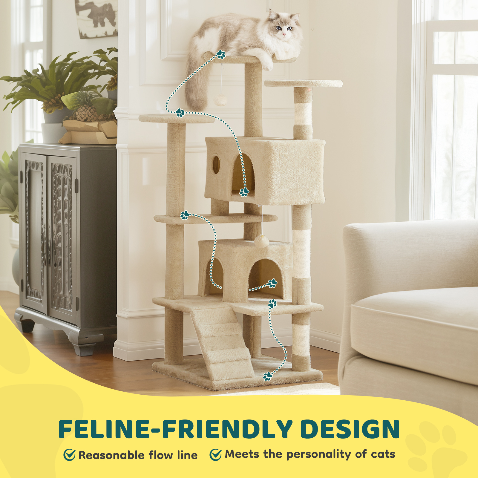 MCQ 54" Cat Tree Tower Multi-level with Scratching Post, Large Condo for Indoor, Beige