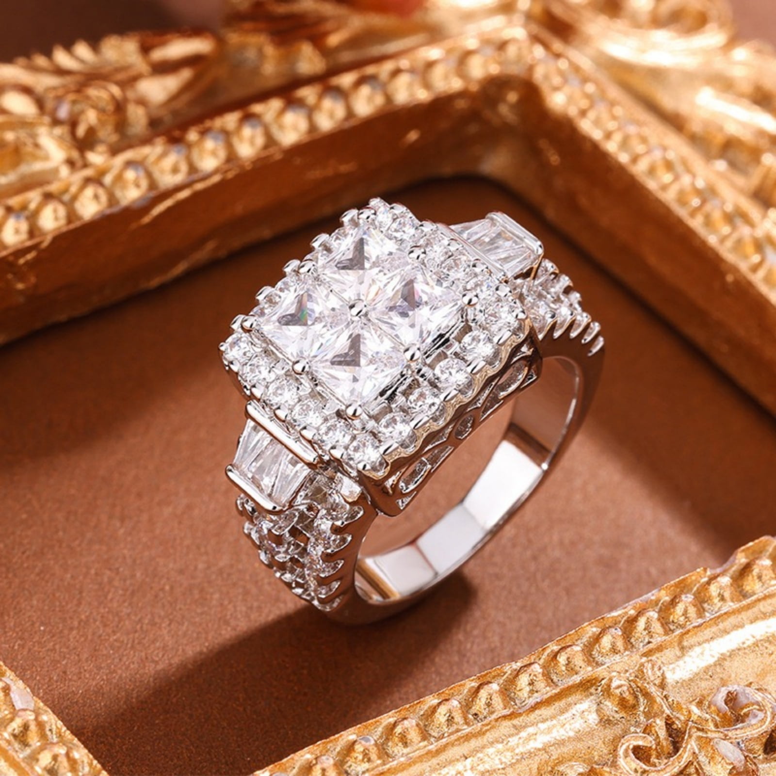 SFTING Rings for Women 18K Gold Plated Princess Cut Engagement Rings for Women 5A CZ Cross Size 6