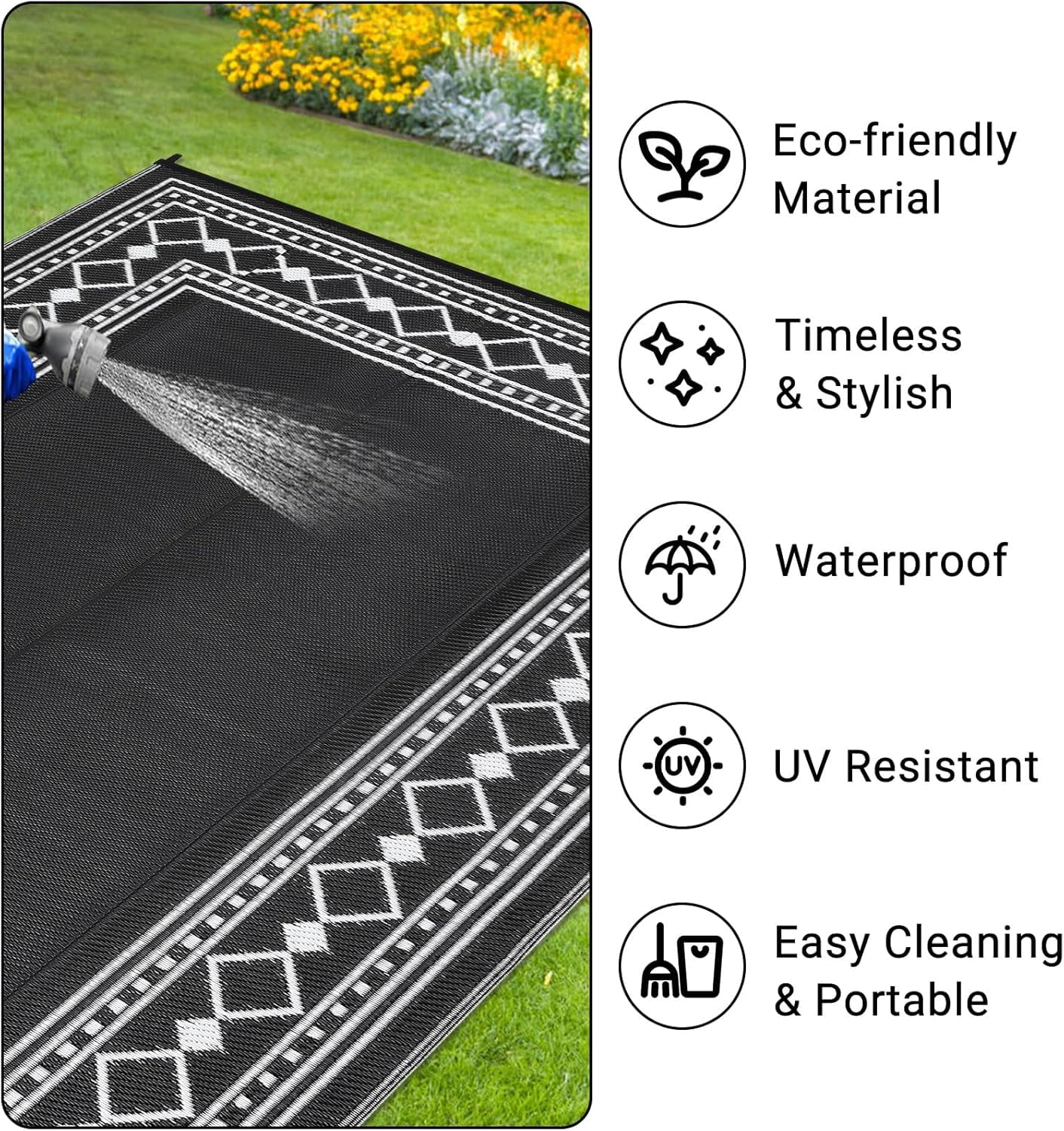 Funslane 8' x 10' Waterproof Outdoor Rug, Reversible Plastic Straw Patio Mat, Easy to Clean & Portable, for Deck, RV, Camping & Balcony, Black/White