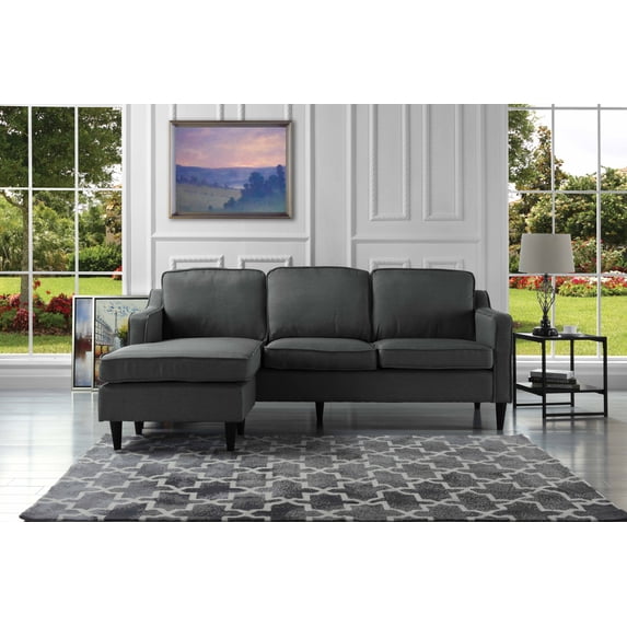 Mid Century Sectional Sofa, Linen Fabric L Shape Couch, Dark Grey
