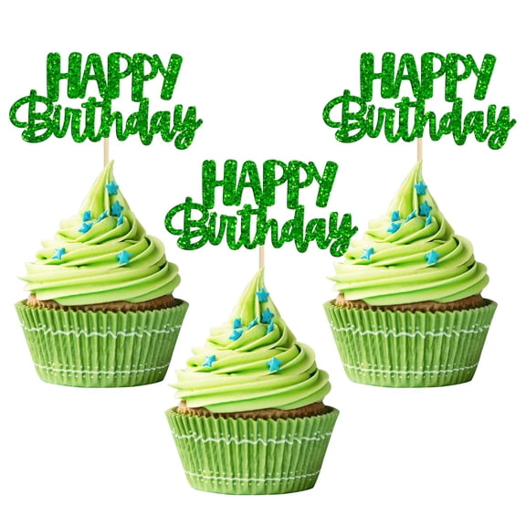12 Pack Green Glitter Happy Birthday Cupcake Toppers, Birthday Party Cake Picks Decorations