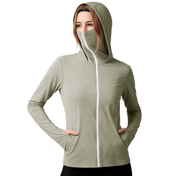 CheerKidz Women's Sun Protection Hoodie Long Sleeve Zip Up Jacket with Thumb Holes High Neck Face Cover Outdoor Running Hiking Warm Weather Active Top Breathable (Beige, 2XL).