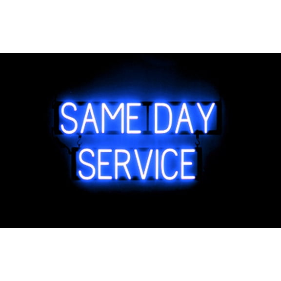 SpellBrite SAME DAY SERVICE LED Sign for Business. 31.9" x 15.0" Blue SAME DAY SERVICE Sign Has Neon Sign Look With Energy Efficient LED Light Source. Visible from 500+ Feet, 8 Animation Settings.
