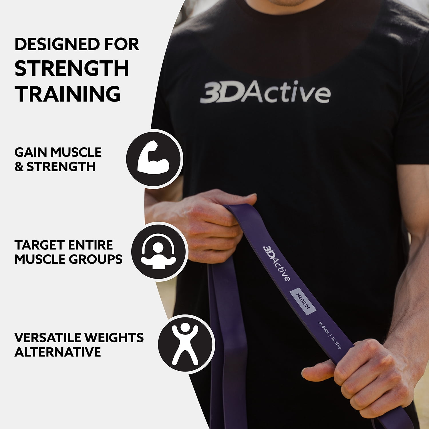 3DActive Resistance Band, Medium Workout Band for Strength & Resistance Training with Free Exercise Guide - Purple (40 to 80lbs)