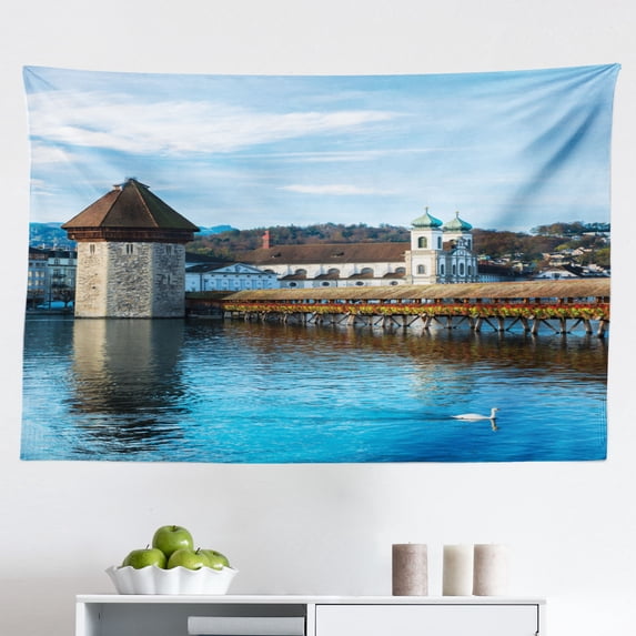 Landscape Tapestry, Pastoral View at Charles Bridge Spires of Prague Central Europe Gothic Buildings, Fabric Wall Hanging Decor for Bedroom Living Room Dorm, 2 Sizes, Multicolor, by Ambesonne