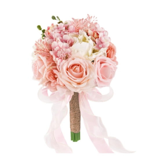 balikha 12inch Silk Roses Bridesmaid Wedding Bouquet Pink Elegant for Engagement Anniversary Decorative Tossing Bouquet Ribbon Tassel