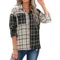 thumbnail image 1 of Sunloudy Camisas de solapa con botones para mujer, blusas casuales de manga larga con estampado de cuadros de colores en contraste, 1 of 9