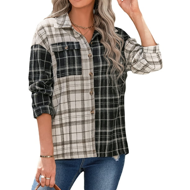 VISgogo Camisas de solapa con botones para mujer, blusas informales de manga larga con estampado de cuadros de colores en contraste VISgogo moda
