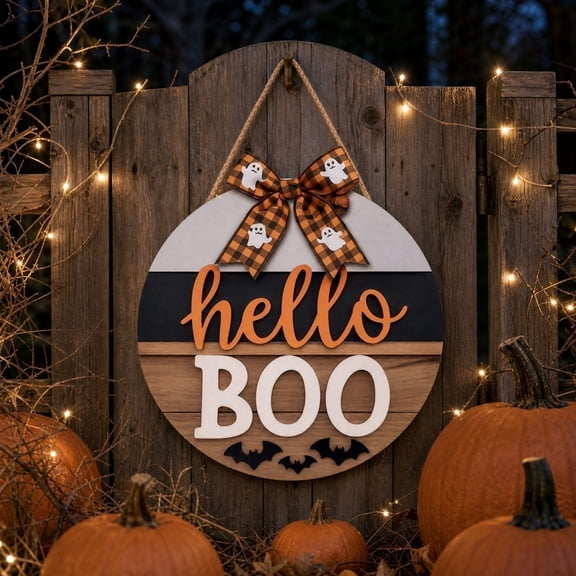 Front Door Halloween Decor, Halloween Door Sign, Spooky Halloween Decor, 12 Inch Round Wooden Halloween Welcome Sign, Hanging Ghost Bat Door Sign for Home, Outdoor Yard Party