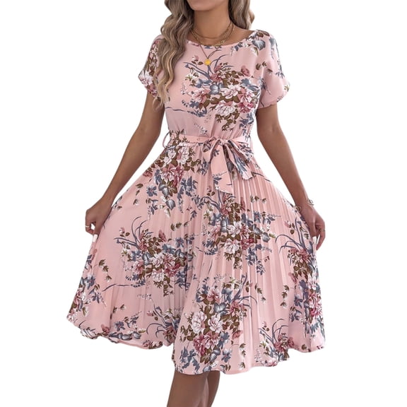 Women's Floral Elegant Pleated Midi Print Batwing Sleeve Tie Waist Dress for Daily Wear Pink S