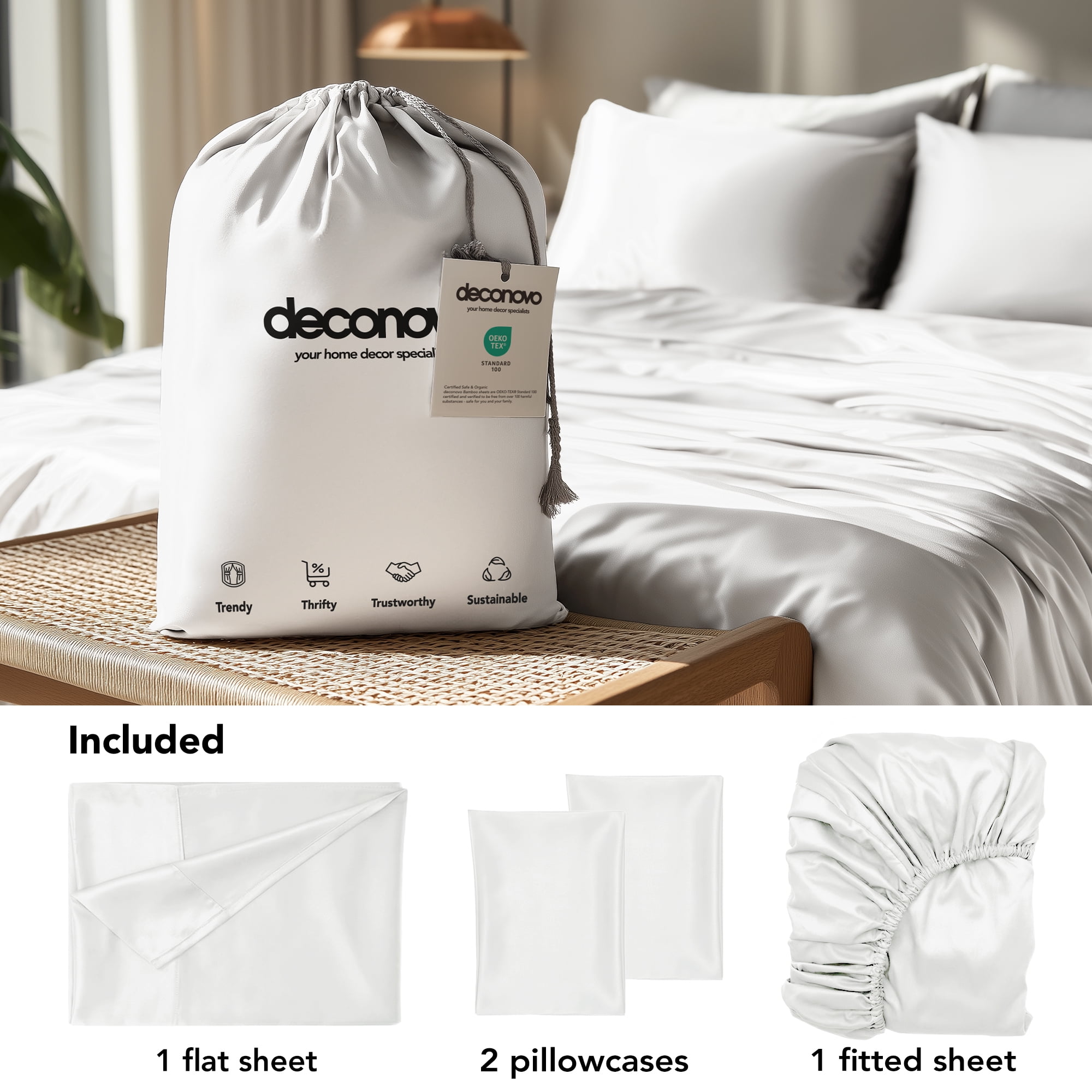 Deconovo Bed Sheets Set - Soft Cooling Bamboo Fiber 4 Piece Breathable Eco-Friendly Moisture-Wicking Bedding, White, Queen Size