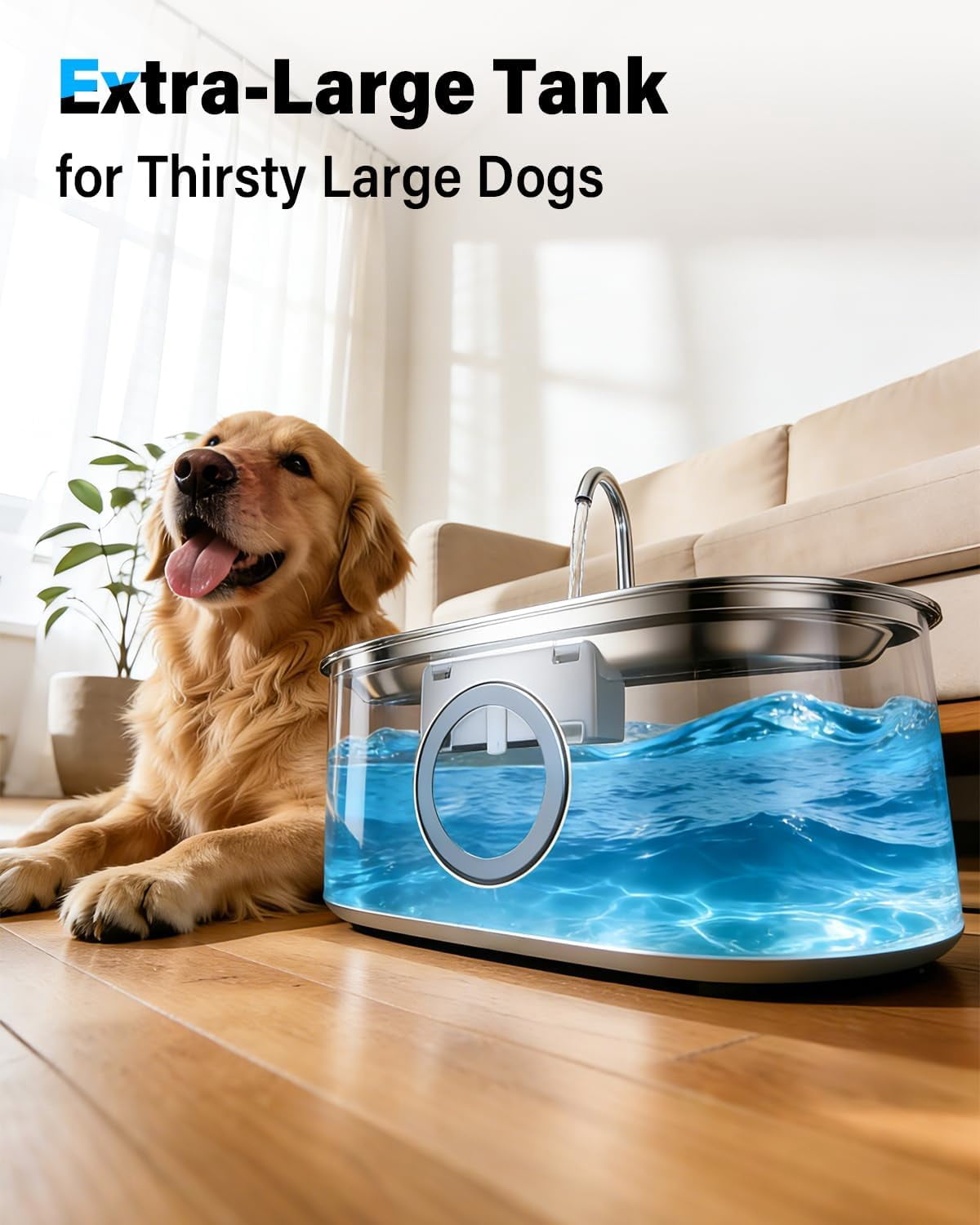 4.2Gal Dog Water Fountain for Large Dogs, 16L Stainless Steel Dog Fountain Water Bowl with Multi-Filtration & Deeper Drinking Tray, Extra Large Pet Water Fountain with Water Window & LED, Ultra-Quiet