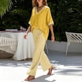 thumbnail image 7 of Bosfbaoi Two Piece Sets for Women V Neck Short Sleeve Top and Striped Wide Leg Pants Casual Womens Summer Outfits, 7 of 7