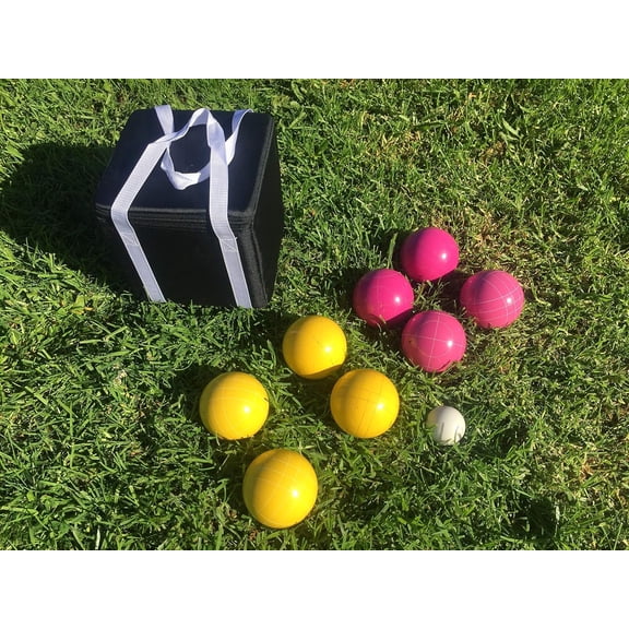 New Listing - (21 of 28) Unique Bocce Sets - 107mm with Pink and Yellow Balls, Black Bag