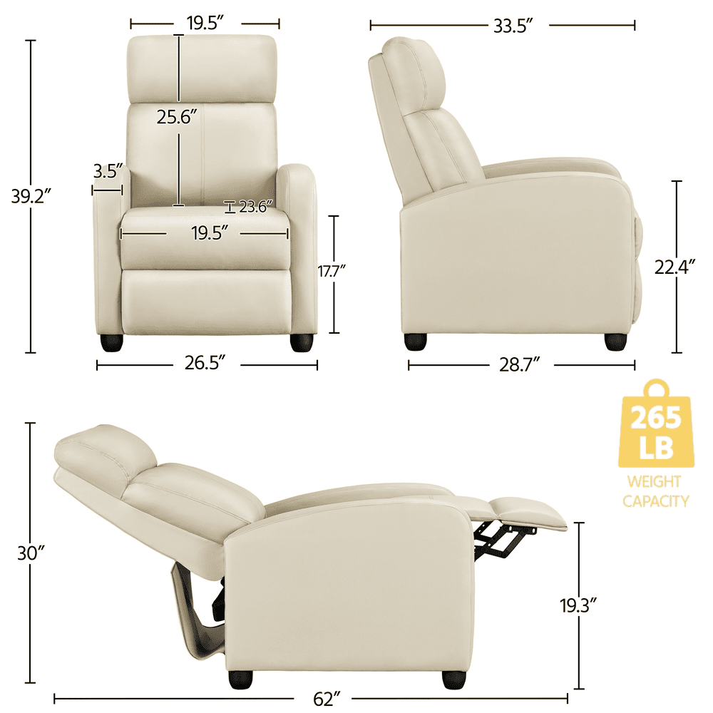 Alden Design Faux Leather Push Back Theater Recliner Chair with Footrest, Cream