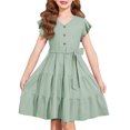 thumbnail image 1 of Vestido Arshiner para niñas, manga corta, verano, cuello en V con cinturón, 9-10Y, 1 of 9