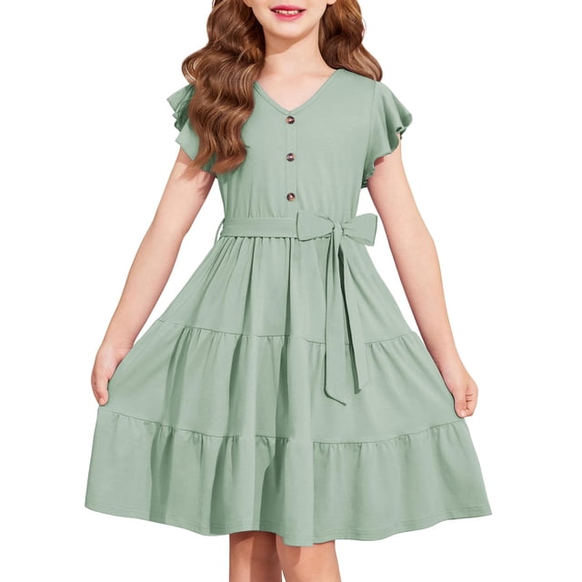 Vestido Arshiner para niñas, manga corta, verano, cuello en V con cinturón, 9-10Y
