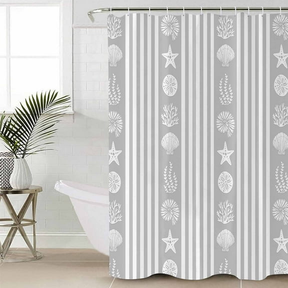 Grey Striped Coastal Waterproof Fabric Shower Curtain, Nautical Beach Starfish Shell Shower Curtain for Bathroom Curtains Bathtubs Hotel Washable Shower Curtains with 12 Hooks Standard 60x72