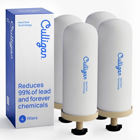 Culligan MaxClear 7” Gravity Water Filter Replacement Compatible with Berkey Water Filter Systems, Ceramic & Carbon Gravity Filter NSF/ANSI Certified, Reduce Total PFAS, Microplastics & Lead, 4-Pack