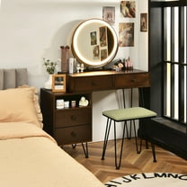 Costway Vanity Table Stool Set Dimmer LED Mirror Large Storage Cabinet Drawer Walnut