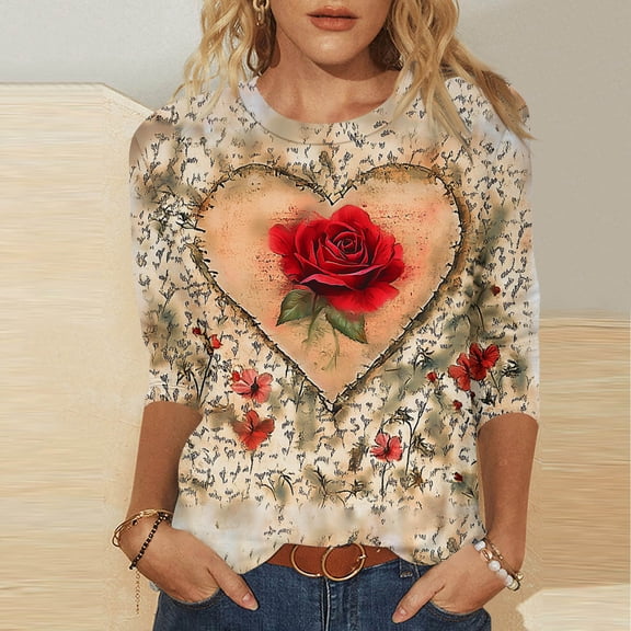 Jsaierl Valentine's Day Shirts Womens Plus Size Love Heart Print Tees Trendy 3/4 Sleeve Blouse Crewneck Tunic T-shirt Tops Spring Clothes for Women