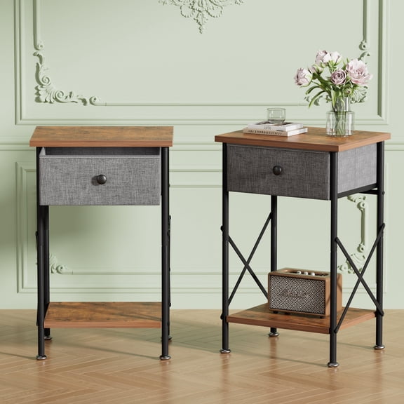 VECELO Nightstands X-Design Side End Table with Detachable Drawer, Wooden Nightstands Storage Shelf for Living Room, Bedroom, Set of 2, Brown