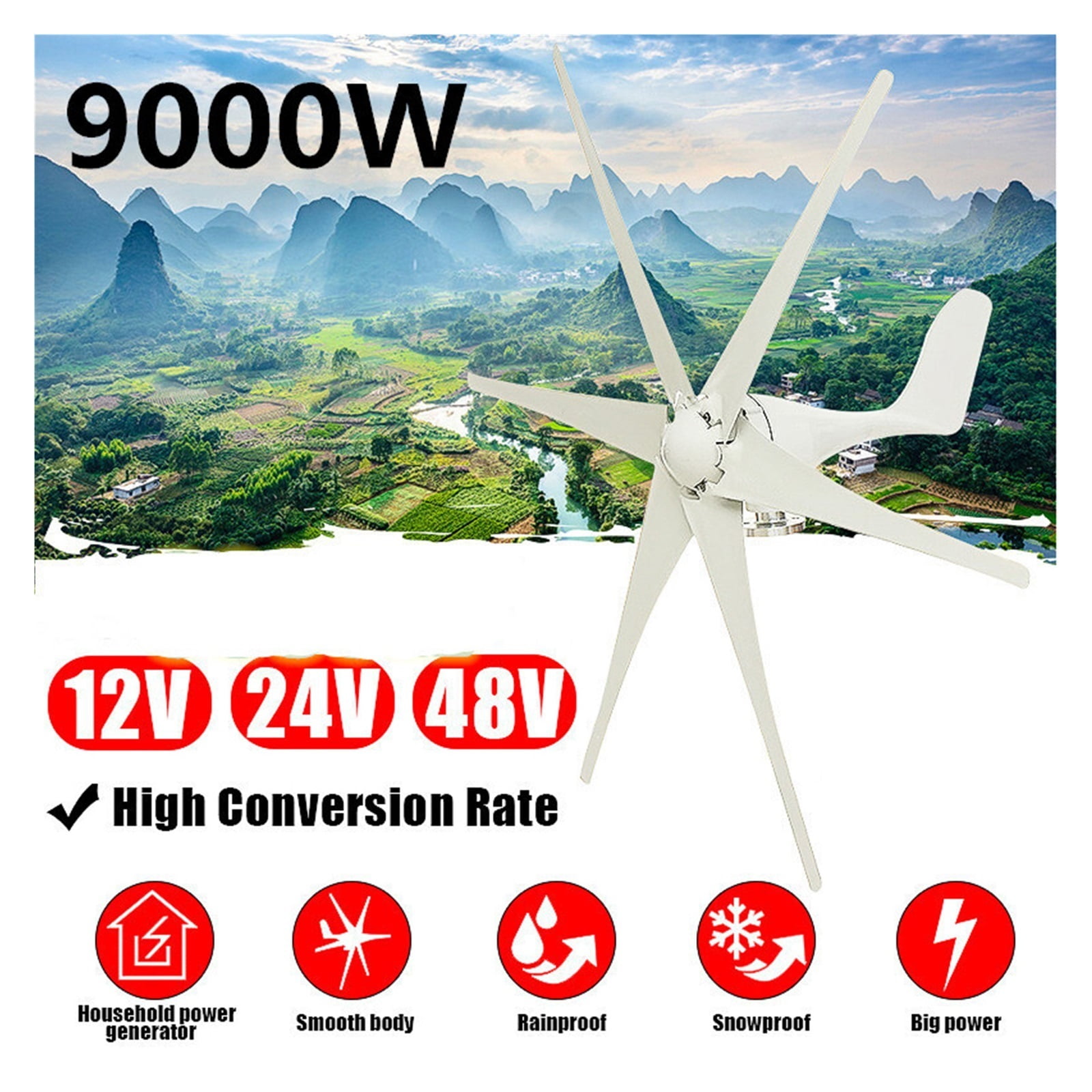 9000W Horizontal Wind Generator 12/24/48V 6 Blades Wind Turbines Generator Windmill Energy Turbines Charge For Home Or Camping