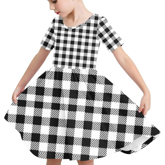 Odeerbi Toddler Girls Summer A-Line Dress Cute Plaid Swing Dress Toddler Kids Short Sleeve Stretchy Dress Toddler Girls Clothes