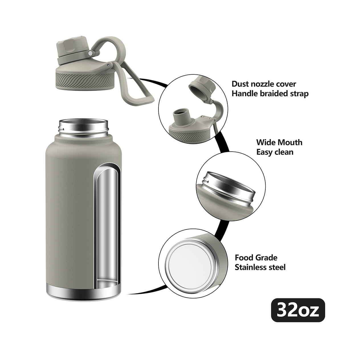 32oz Double Walled Stainless Steel Thermal Bottle with Straw, 2 Lids, Cleaning Brush for Water, Coffee, Juice Navy