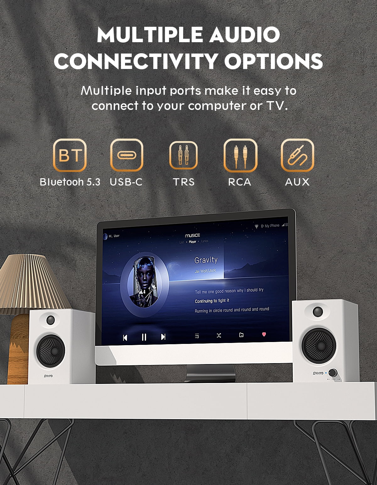 Solorage 60W Computer Speakers, Bluetooth 5.3 Gaming Music Stereo 2.0 Speakers, Surround Sound, 3.5mm Aux RCA, USB Powered, White, 1 Pair