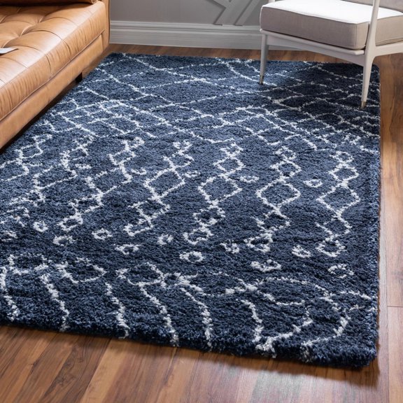 Unique Loom Rabat Shag Collection Area Rug - Geometric (5' 1" x 8' Rectangle Navy Blue/Ivory)