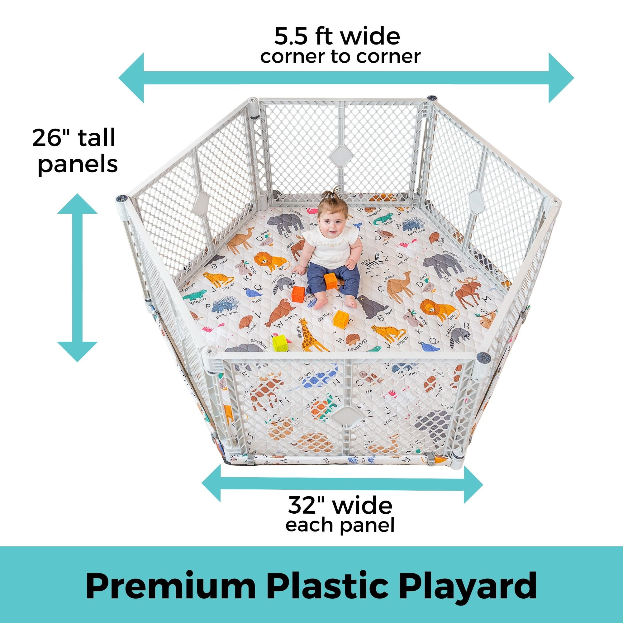 Toddleroo by North States 6-Panel Superyard Nook with SecureMat, Animal ABC, Light Gray